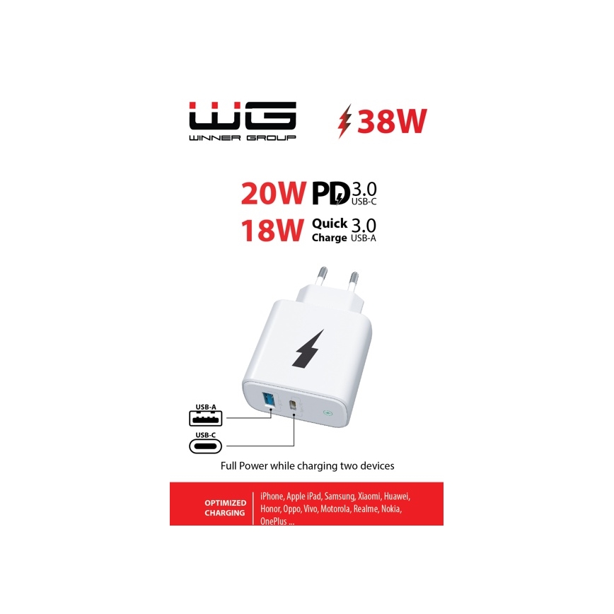 Winner Group - Adapter do szybkiego ładowania 1xUSB-C + 1xUSB-A Power Delivery 38W biały