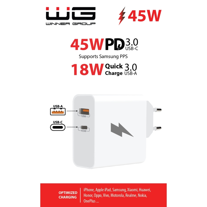 Winner Group - Adapter do szybkiego ładowania 1xUSB-C + 1xUSB-A Power Delivery 45W biały