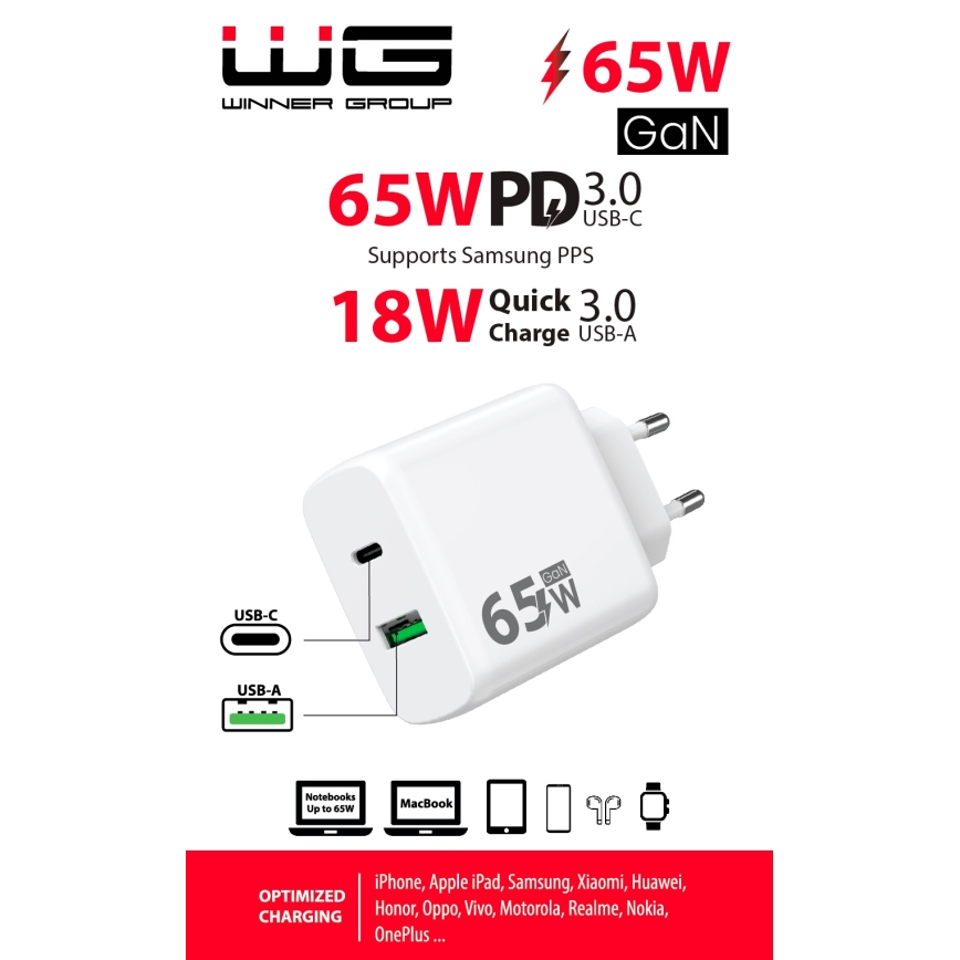 Winner Group - Adapter do szybkiego ładowania 1xUSB-C + 1xUSB-A Power Delivery 65W biały