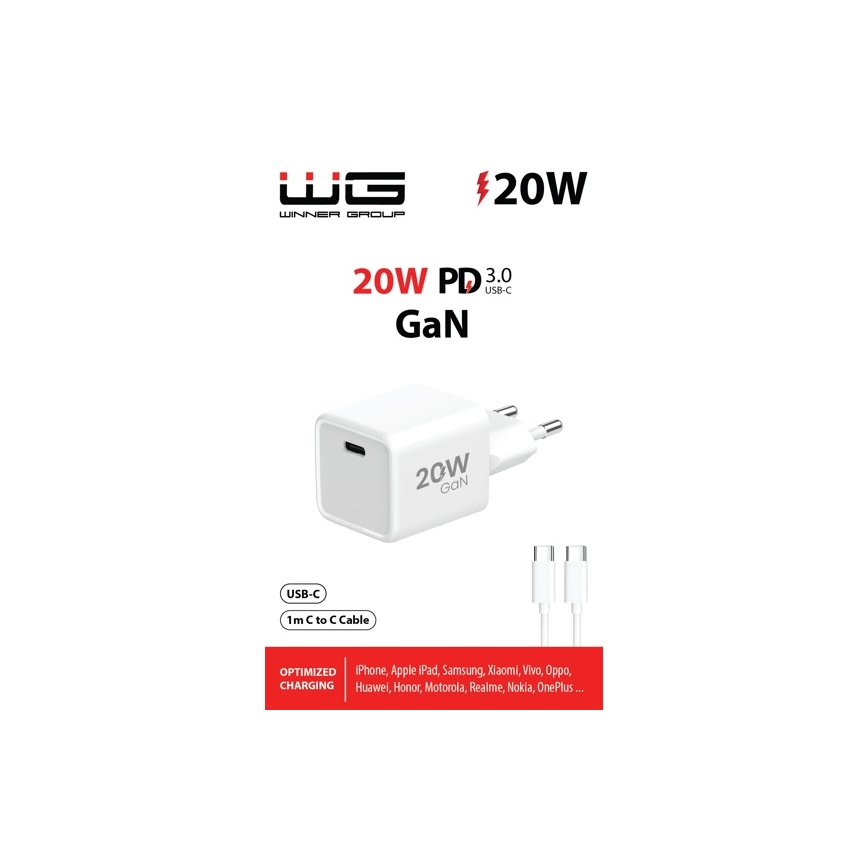 Winner Group- Adapter do szybkiego ładowania 1xUSB-C PD 20W + Kabel USB USB-C / USB-C 1m