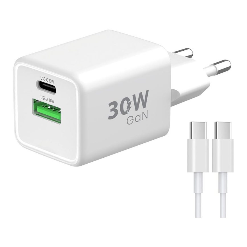 Winner Group - Adapter do szybkiego ładowania 2xUSB PD 30W + Kabel USB USB-C / USB-C 1m