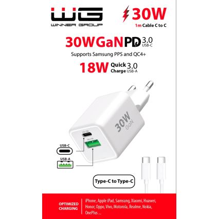 Winner Group - Adapter do szybkiego ładowania 2xUSB PD 30W + Kabel USB USB-C / USB-C 1m