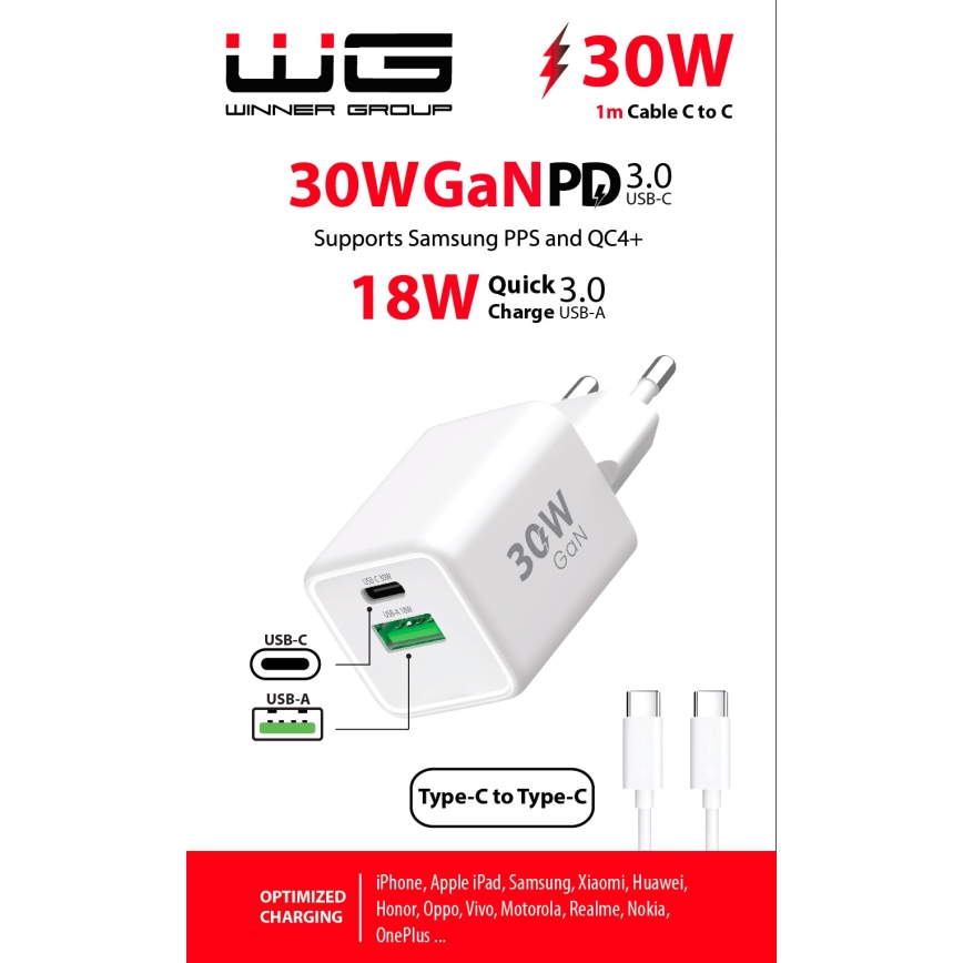 Winner Group - Adapter do szybkiego ładowania 2xUSB PD 30W + Kabel USB USB-C / USB-C 1m