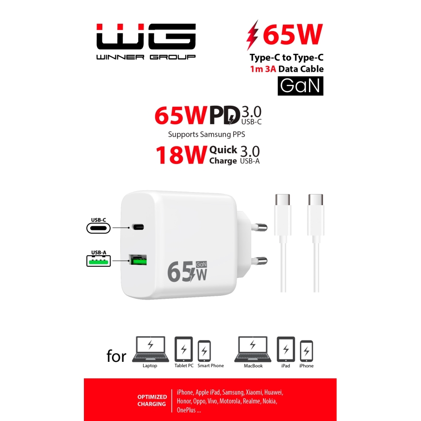 Winner Group - Adapter do szybkiego ładowania 2xUSB PD 65W + Kabel USB USB-C / USB-C 1m