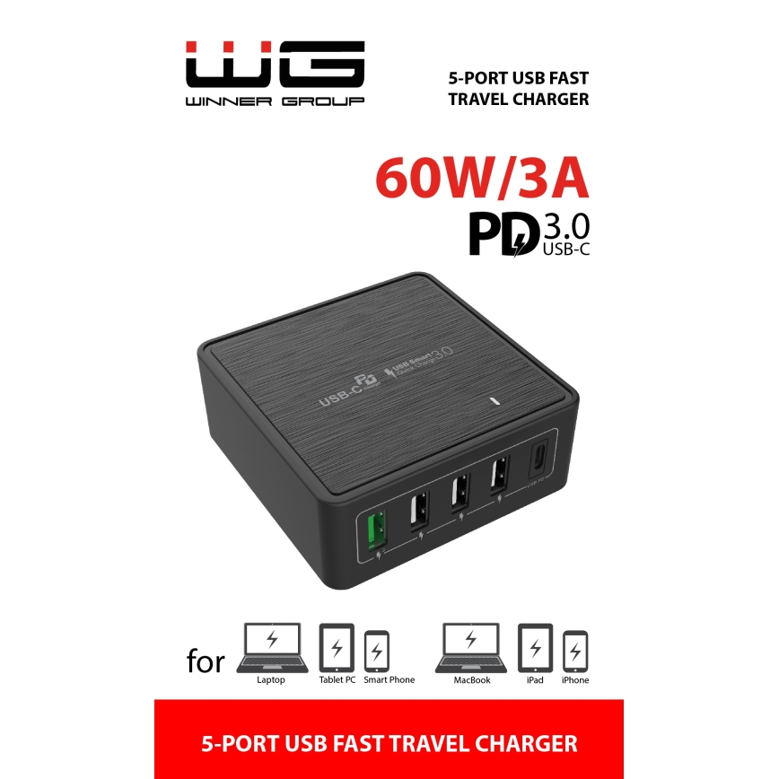 Winner Group - Adapter do szybkiego ładowania 5xUSB-C Power Delivery 60W czarny