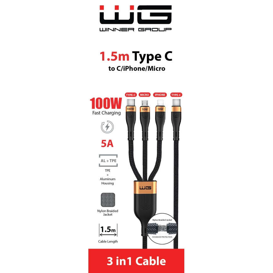 Winner Group -Kabel USB 3w1 USB-C / Lightning, USB-C i Micro USB 100W 1,5m czarny
