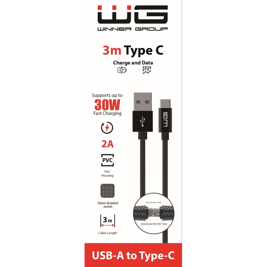 Winner Group - Kabel USB USB-C / USB-A 30 W, 3 m, czarny