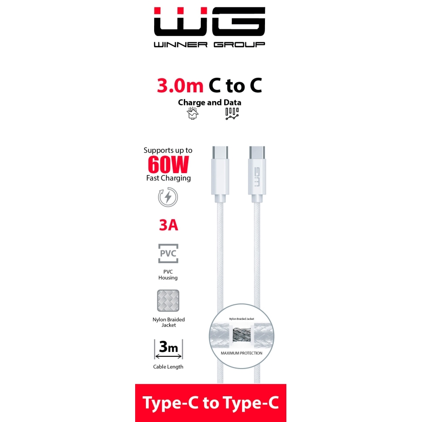 Winner Group - Kabel USB USB-C / USB-C 60W 3m biały