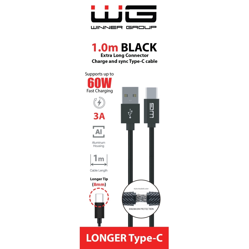 Winner Group - Kabel USB z przedłużonym złączem USB-C / USB-A 60W 1m czarny