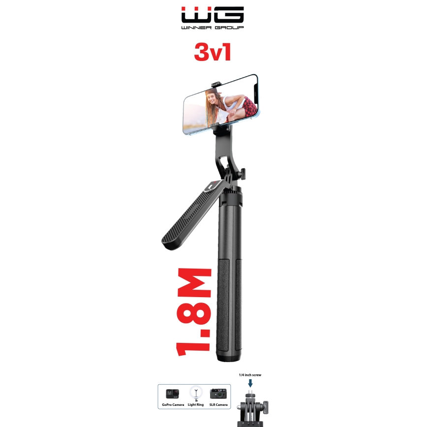 Winner Group - Kijek do selfie 3w1 ze stojakiem 55 mAh 180 cm czarny