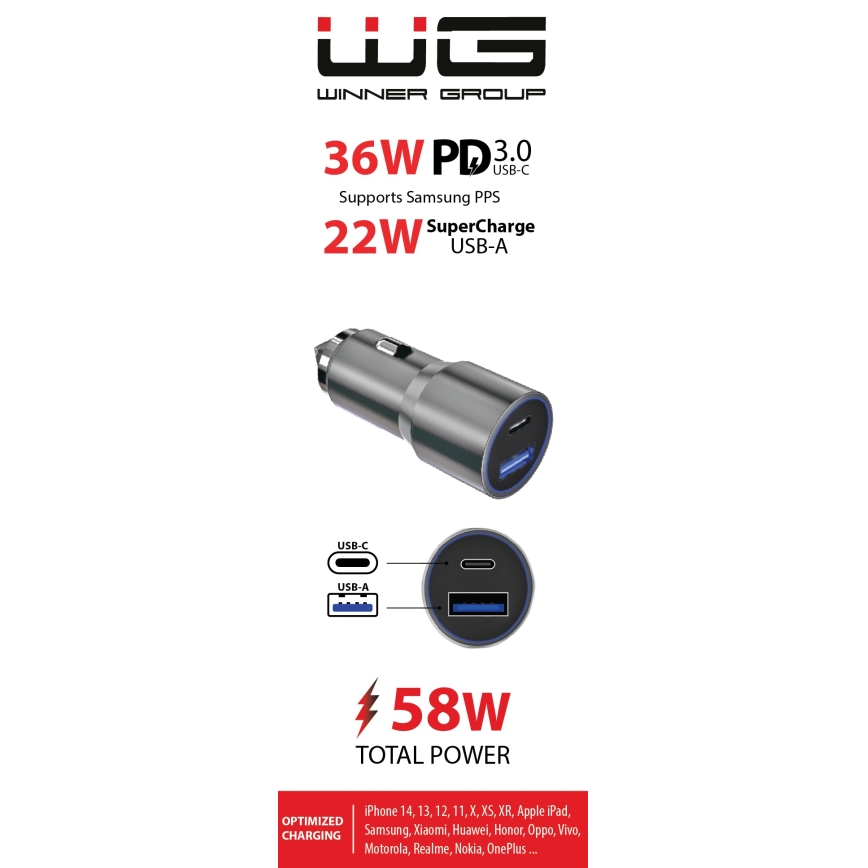 Winner Group - Ładowarka samochodowa 1xUSB-C + 1xUSB-A Power Delivery 58,5W srebrny