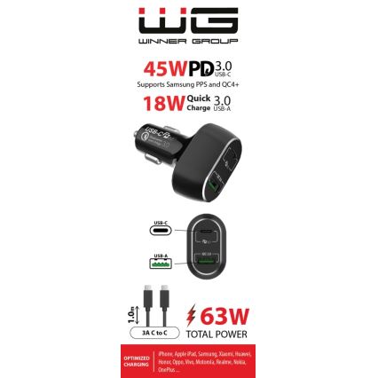 Winner Group - Ładowarka samochodowa 1xUSB-C + 1xUSB-A Power Delivery 63W + Kabel USB USB-C / USB-C 1 m czarny