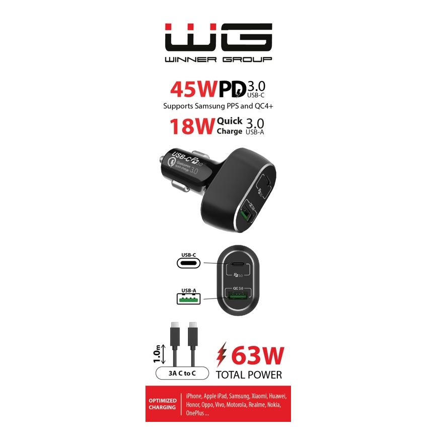 Winner Group - Ładowarka samochodowa 1xUSB-C + 1xUSB-A Power Delivery 63W + Kabel USB USB-C / USB-C 1 m czarny