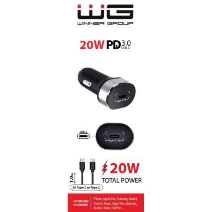 Winner Group - Ładowarka samochodowa 1xUSB-C Power Delivery 20W + Kabel USB USB-C / USB-C 1 m czarny