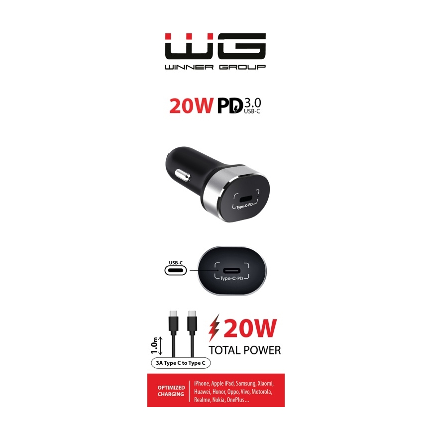 Winner Group - Ładowarka samochodowa 1xUSB-C Power Delivery 20W + Kabel USB USB-C / USB-C 1 m czarny
