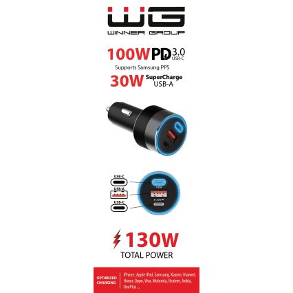Winner Group - Ładowarka samochodowa 2xUSB-C + 1xUSB-A Power Delivery 130W czarny