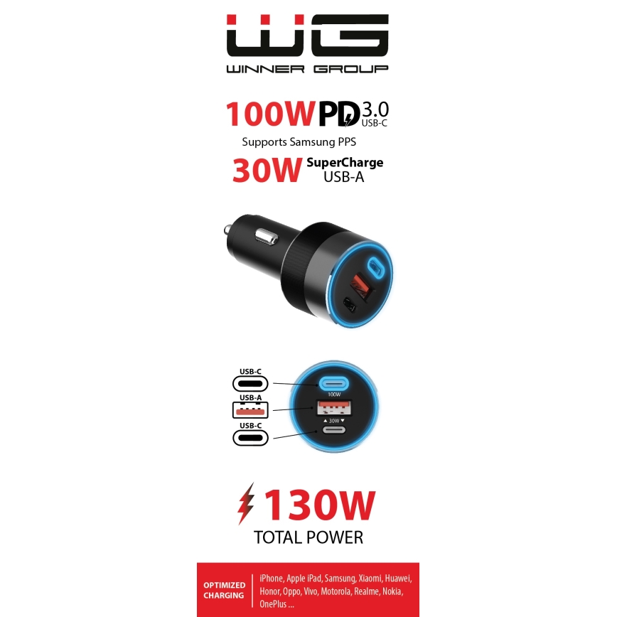Winner Group - Ładowarka samochodowa 2xUSB-C + 1xUSB-A Power Delivery 130W czarny