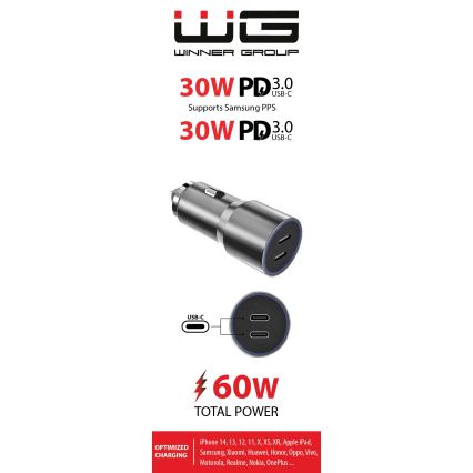 Winner Group - Ładowarka samochodowa 2xUSB-C Power Delivery 60W srebrny