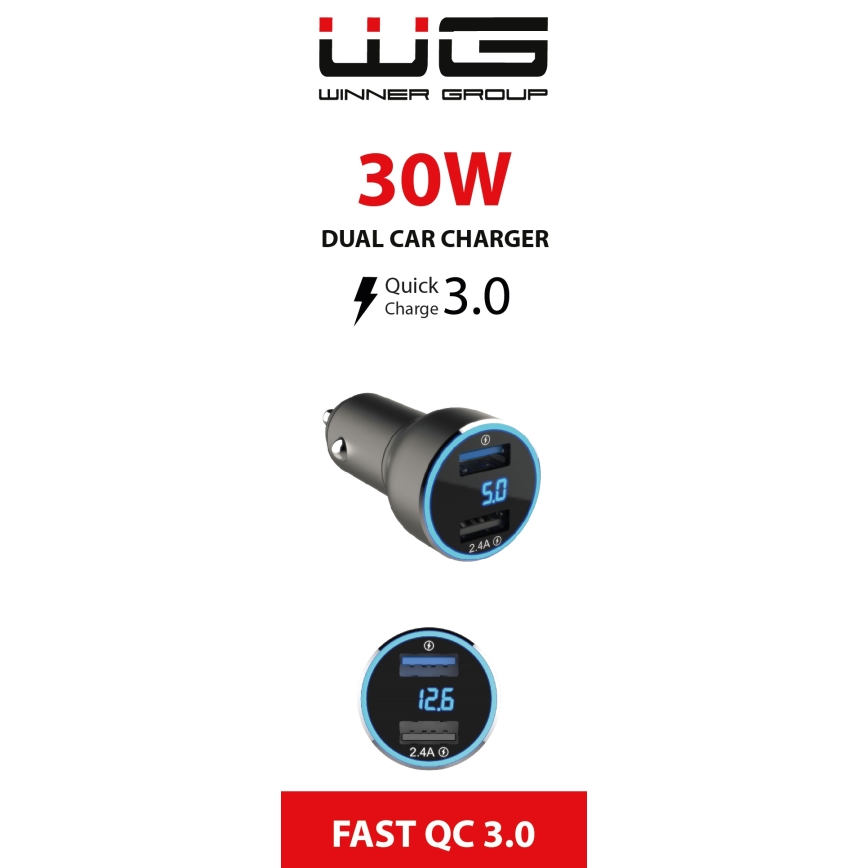 Winner Group - Ładowarka samochodowa z wyświetlaczem 2xUSB-A Power Delivery 30W czarny