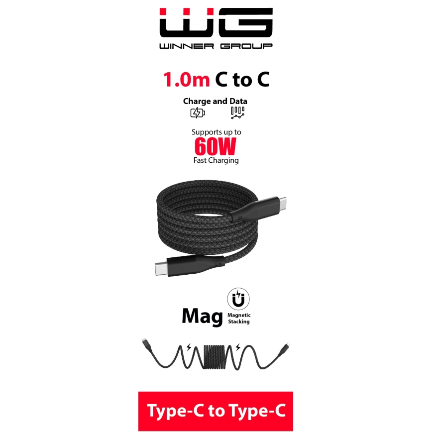 Winner Group - Magnetyczny Kabel USB USB-C / USB-C 60W 1m czarny