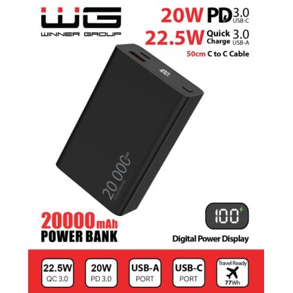 Winner Group - Power bank z wyświetlaczem 20000 mAh 20W Power Delivery czarny