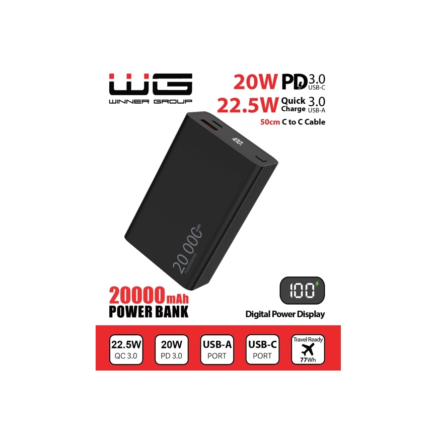 Winner Group - Power bank z wyświetlaczem 20000 mAh 20W Power Delivery czarny