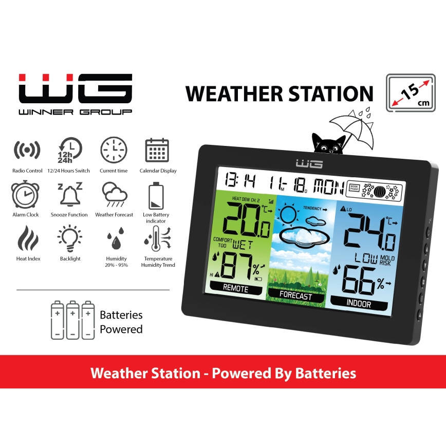 Winner Group - Stacja meteorologiczna z wyświetlaczem LCD i budzik 5xAAA