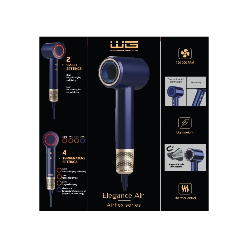 Winner Group - Suszarka do włosów z jonizatorem Elegance Air 1600W/230V niebieski SCHUKO