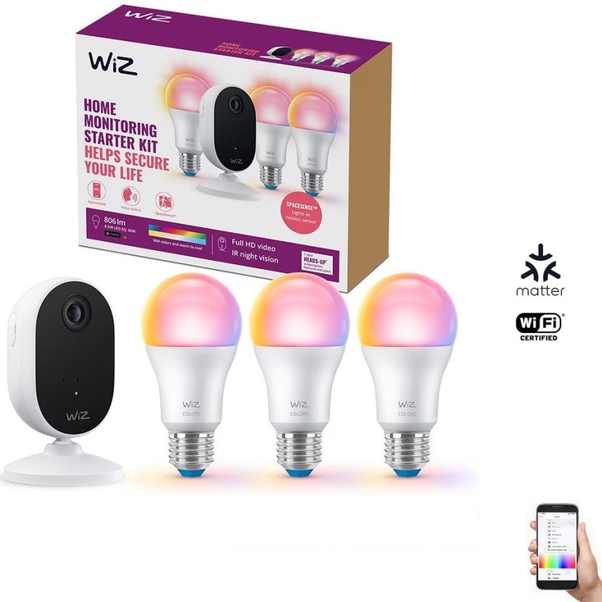 WiZ - Zestaw do monitorowania gospodarstwa domowego: 1x camera + 3x LED RGB żarówka A60 E27/8,5W/230V Wi-Fi