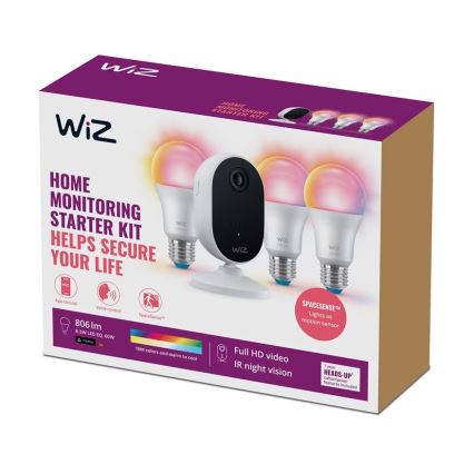 WiZ - Zestaw do monitorowania gospodarstwa domowego: 1x camera + 3x LED RGB żarówka A60 E27/8,5W/230V Wi-Fi