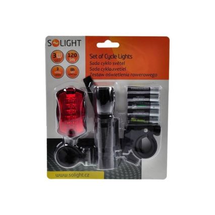 Zestaw świateł rowerowych - przednie LED 3W + tylne 5xLED, 2x uchwyt, 2x+3xAAA baterie