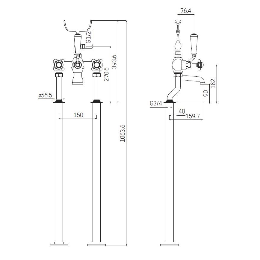 Wolnostojący zestaw wannowy z baterią 106,3 cm, chrom błyszczący