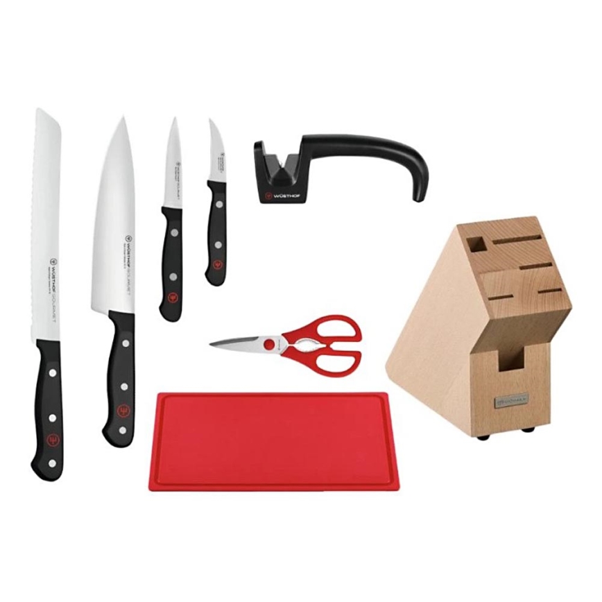 Wüsthof - Zestaw noży kuchennych GOURMET w bloku z ostrzałką i deską do krojenia, 8 szt.