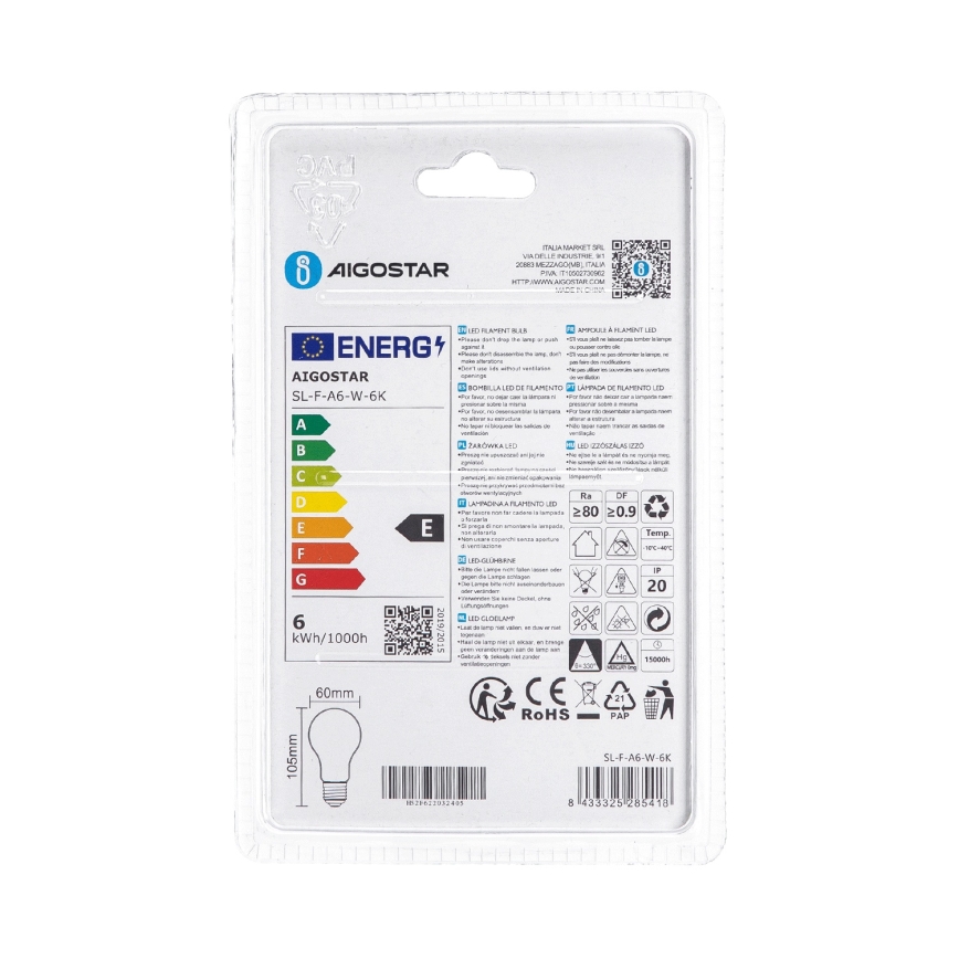 Žarówka LED A60 E27/6W/230V 6500K 330° - Aigostar