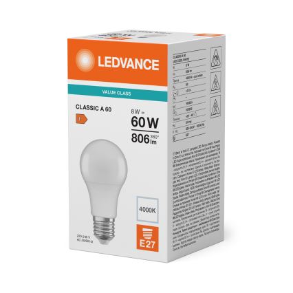 Żarówka LED CLASSIC A60 E27/8W/230V 4000K - Ledvance