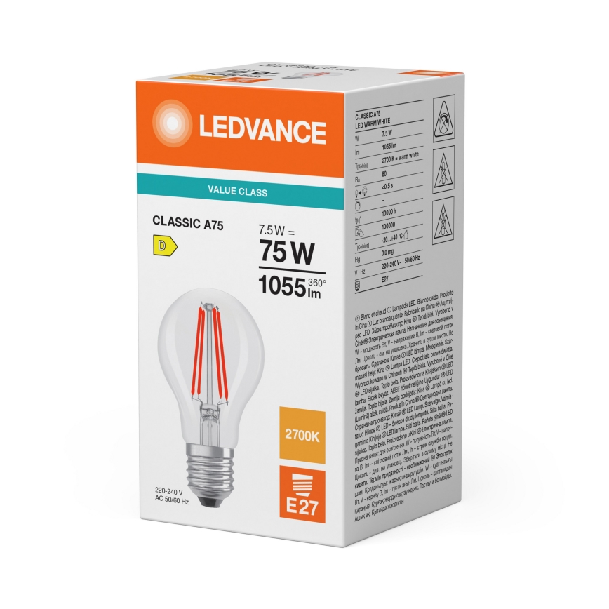 Żarówka LED CLASSIC FILAMENT A60 E27/7,5W/230V 2700K - Ledvance