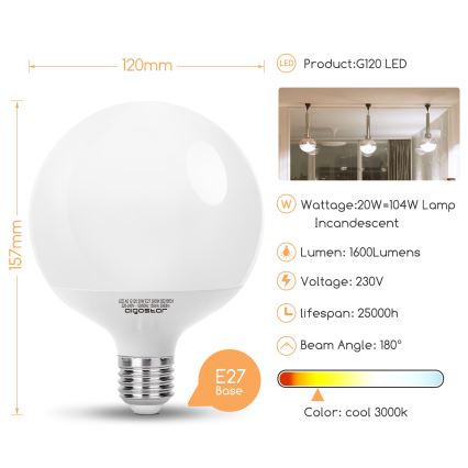 Żarówka LED G120 E27/20W/230V 3000K - Aigostar