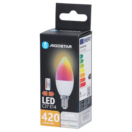 Żarówka LED RGBW C37 E14/4,8W/230V 3000K + pilot zdalnego sterowania - Aigostar
