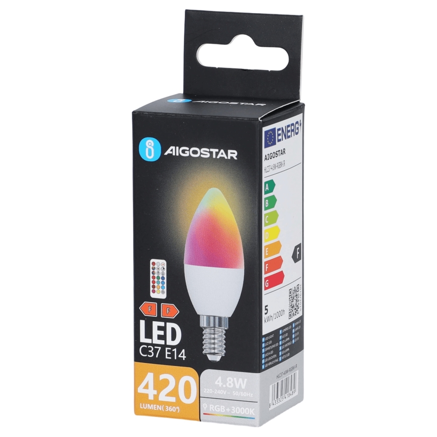 Żarówka LED RGBW C37 E14/4,8W/230V 3000K + pilot zdalnego sterowania - Aigostar