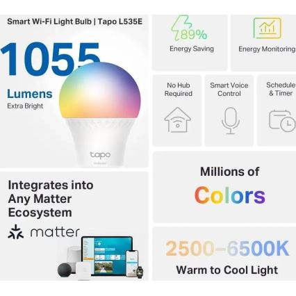 LED RGBW ściemnialna żarówka MATTER A60 E27/8,6W/230V 2500-6500K Wi-Fi - TP-Link