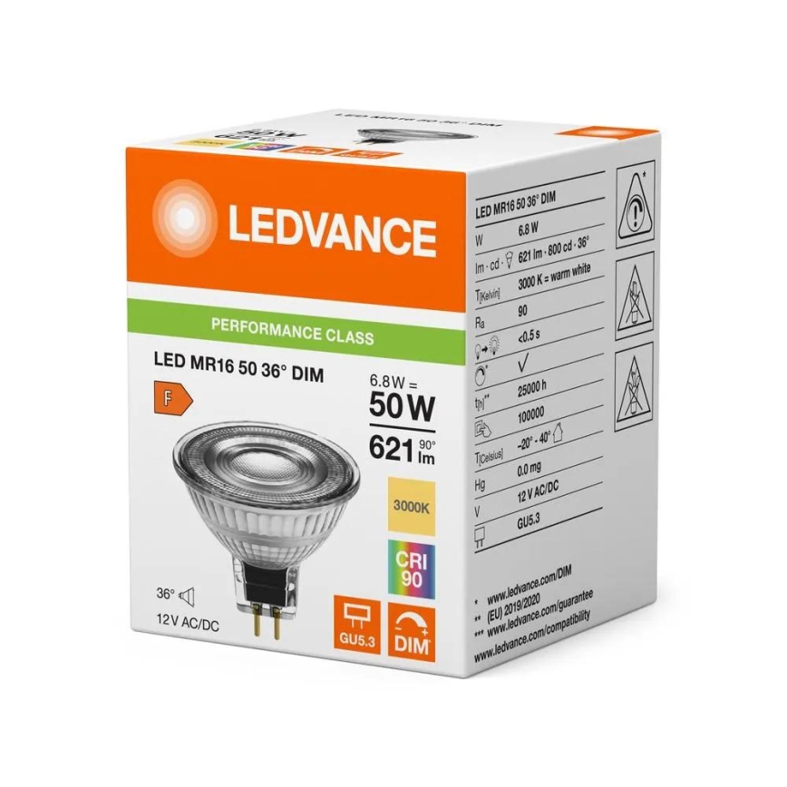 Žarówka LED ściemnialna MR16 GU5,3/6,8W/12V 3000K 36° CRI 90 - Ledvance