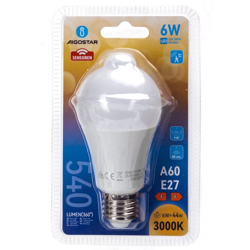 Żarówka LED z czujnikiem ruchu i zmierzchu A60 E27/6W/230V 3000K - Aigostar