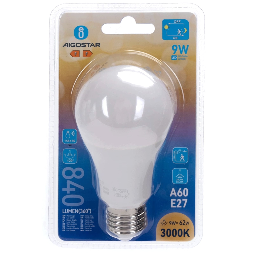 Żarówka LED z czujnikiem ruchu i zmierzchu A60 E27/9W/230V 3000K - Aigostar