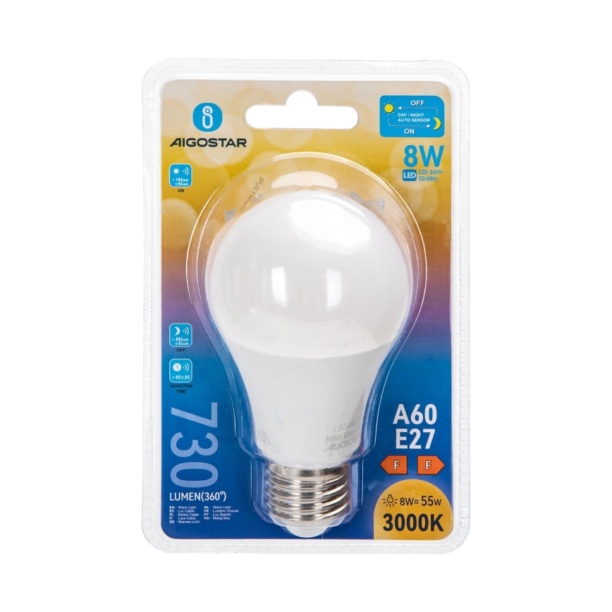 Žarówka LED z czujnikiem zmierzchu A60 E27/8W/230V 3000K - Aigostar