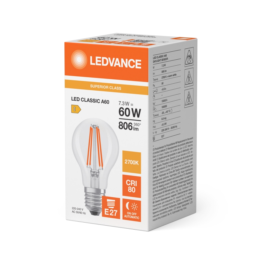 LED Żarówka z czujnikiem zmierzchu CLASSIC FILAMENT A60 E27/7,3W/230V 2700K - Osram