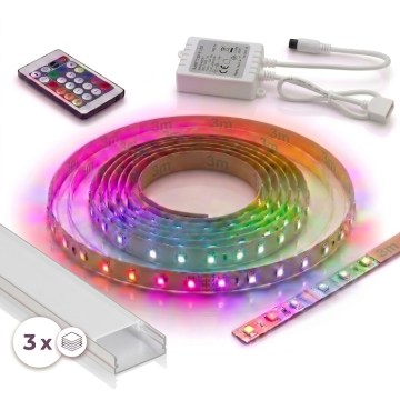 ZESTAW 1x ściemnialna taśma LED RGBW DIGITAL LED/9,6W/230V 3 m + 3x profil wpuszczany 1 m srebrny/biały + pilot zdalnego sterowania