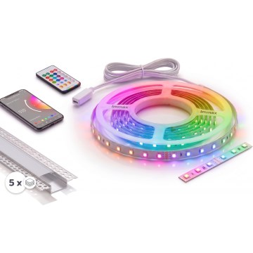 ZESTAW 1x ściemnialna taśma LED RGBW NEO LITE MUSIC LED/24W/230V 5 m IP65 Wi‑Fi Tuya + 5x profil do zabudowy 1 m srebrny/biały + pilot zdalnego sterowania