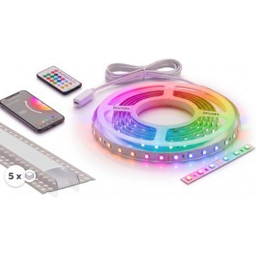ZESTAW: 1x ściemnialna taśma LED RGBW NEO LITE MUSIC LED/24W/230V 5 m IP65 Wi‑Fi Tuya + 5x profil wpuszczany 1 m (srebrny/biały) + pilot zdalnego sterowania