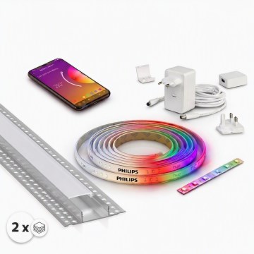 ZESTAW 1x ściemnialna taśma LED RGBW Philips Hue WHITE AND COLOR AMBIANCE LED/20W/230V 2 m + 2x profil do zabudowy 1 m srebrny/biały
