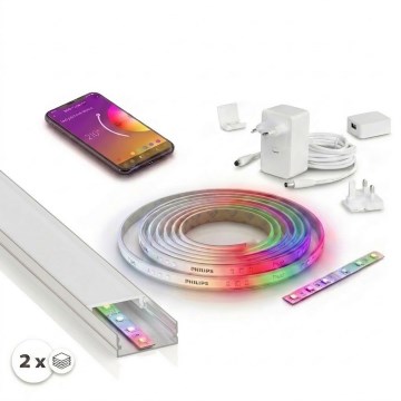 ZESTAW 1x ściemnialna taśma LED RGBW Philips Hue WHITE AND COLOR AMBIANCE LED/20W/230V 2 m + 2x profil wpuszczany 1 m, srebrny/biały